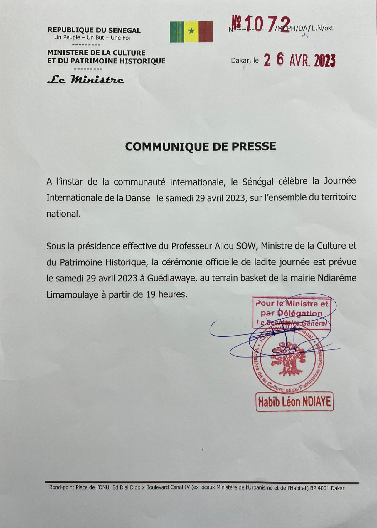 Communiqué de presse: journée internationale de la Danse